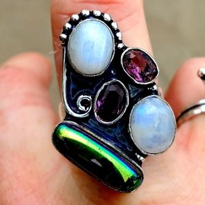 New Rainbow Moonstone, Hematite & Amethyst 925 Silver Statement Ring.